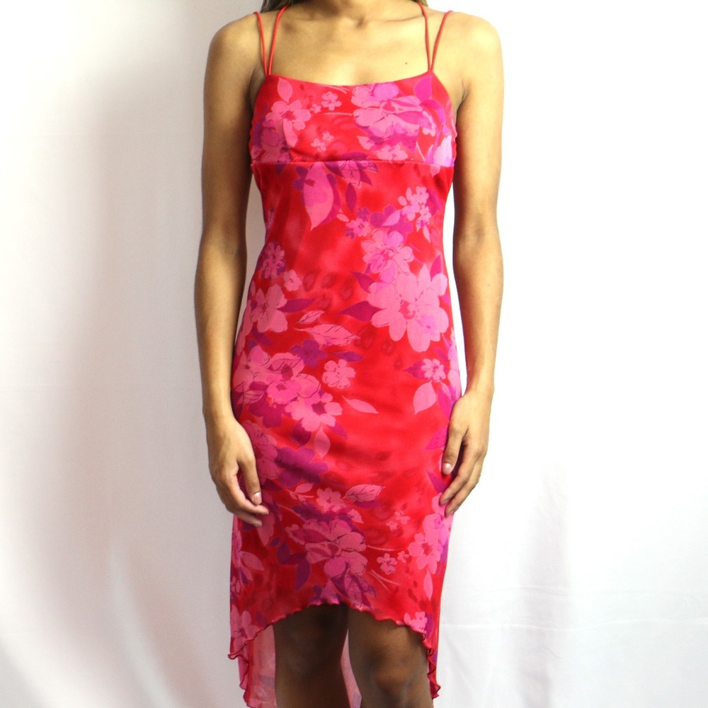 Vintage Red & Pink Floral Dress w/ Cross Straps